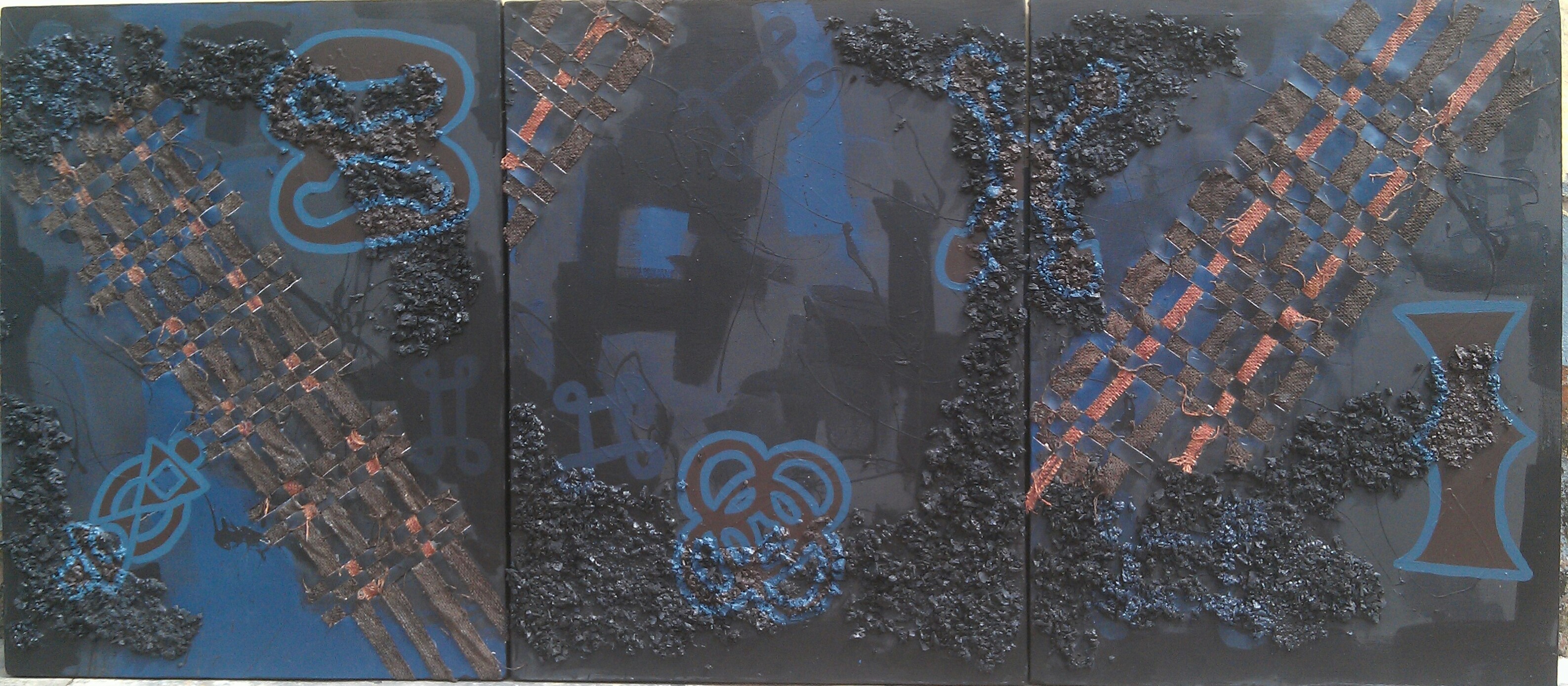 Boa men a me boa (series), 2018, jute sack, charcoal and acrylic on canvas, 101,6 x 228,6 cm